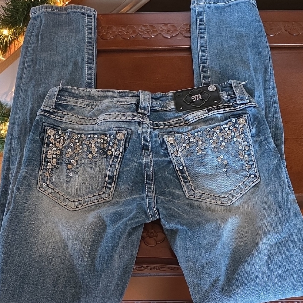 Miss Me Blue Skinny Jeans with Sparkling Accents